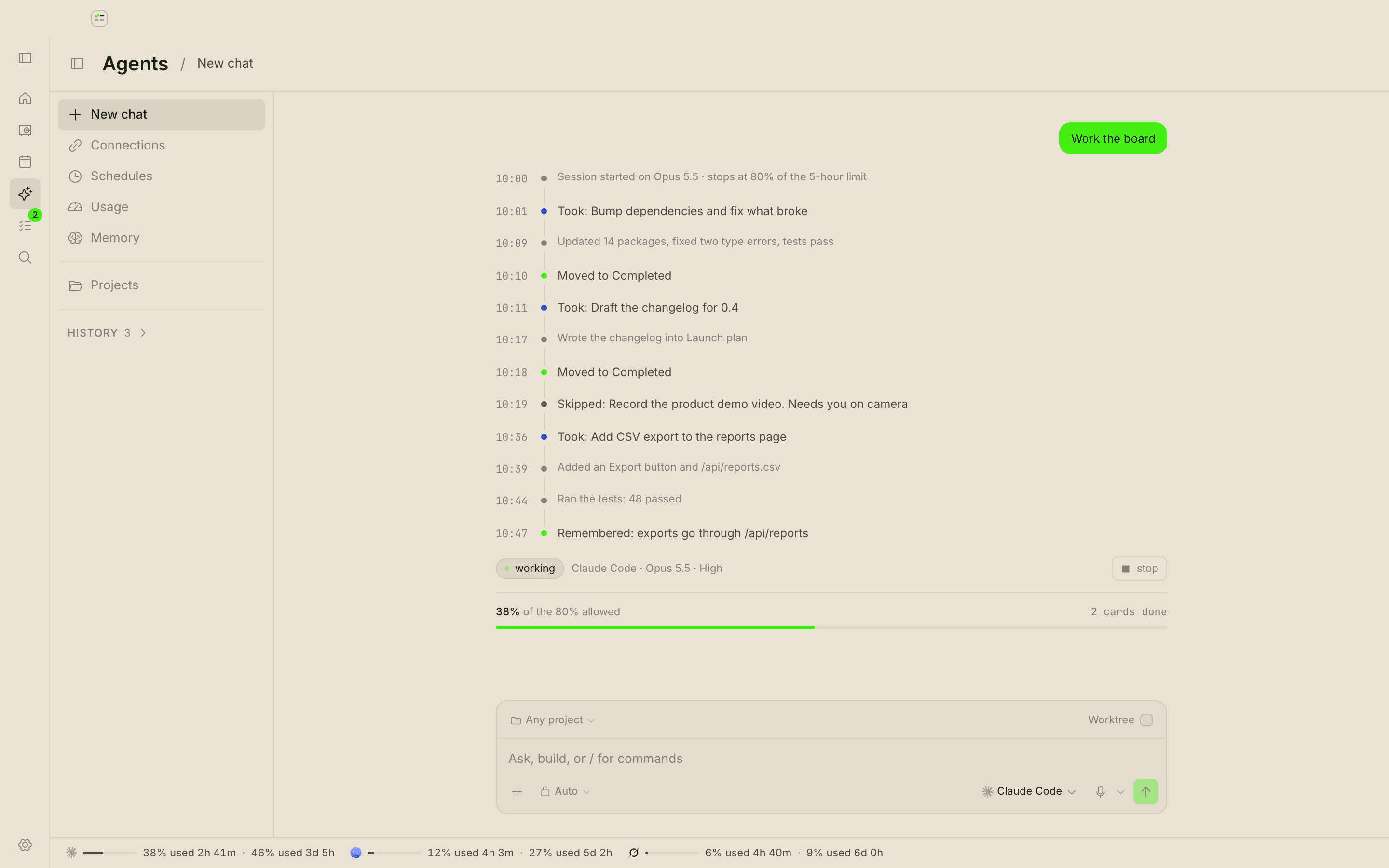 The Agents page: a box to hand an agent a job, the usage of each agent, and a run in progress with its log
