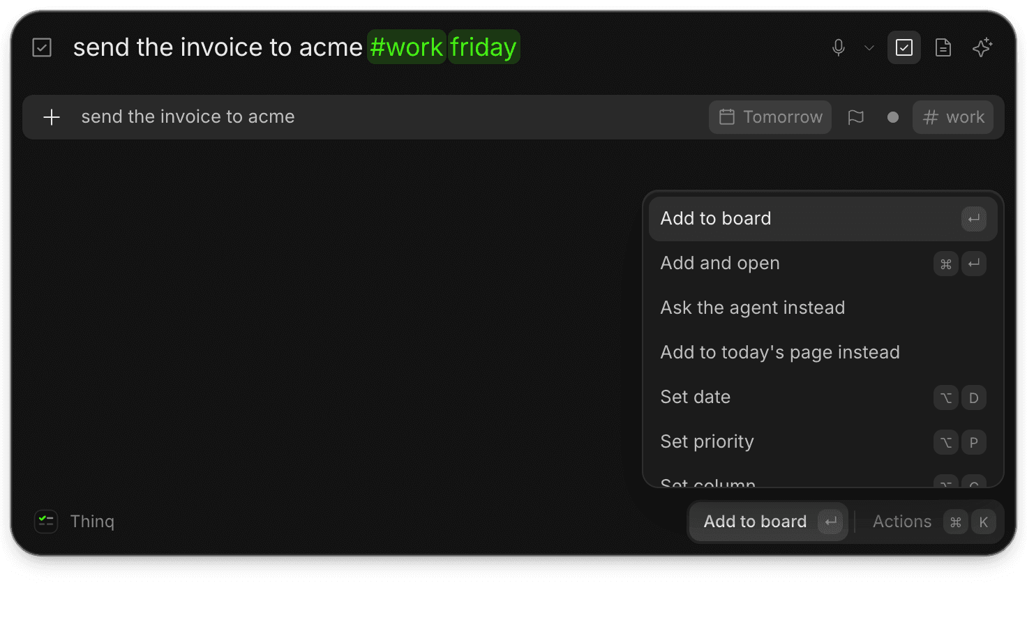 Quick capture adding a task for Friday tagged work, with its Actions menu open